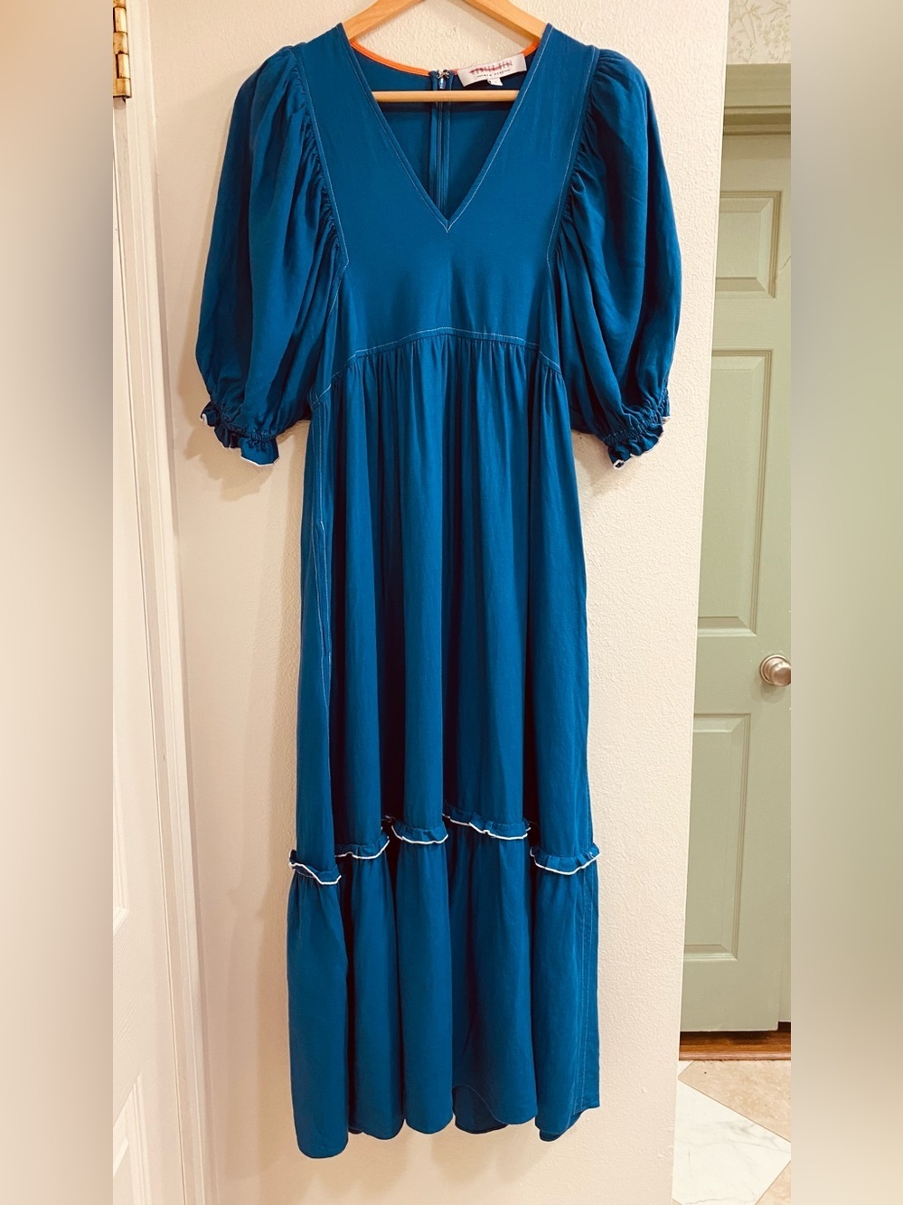 HUNTER BELL Palmer Teal Maxi Dress Contrast Trim 100% Cotton